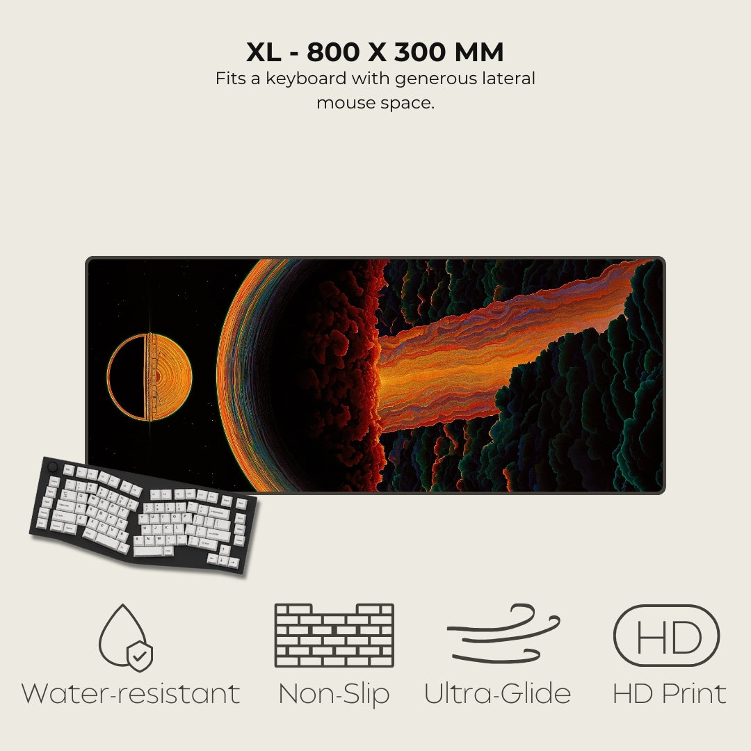 Large mouse pad with space-themed design, keyboard, and product features on a light gray background