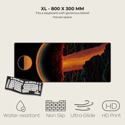 Large mouse pad with space-themed design, keyboard, and product features on a light gray background
