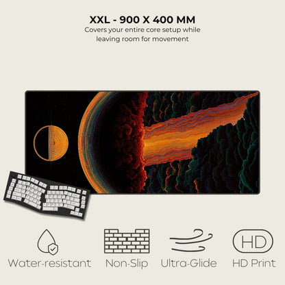 Large mouse pad with space-themed design, keyboard, and feature icons on a light gray background