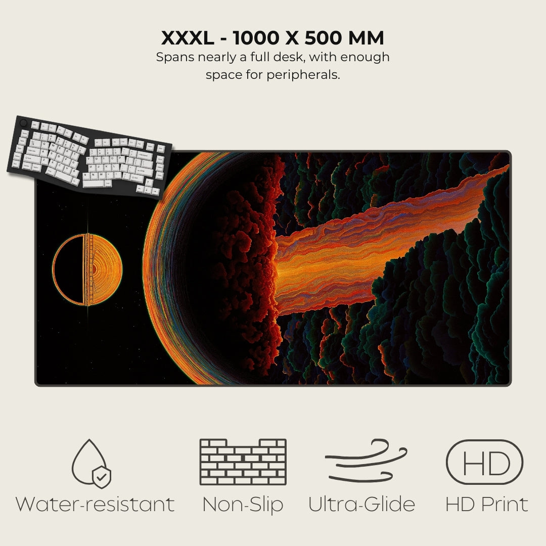 Large desk mat with space-themed design, keyboard on the left, and product specifications on a white background.