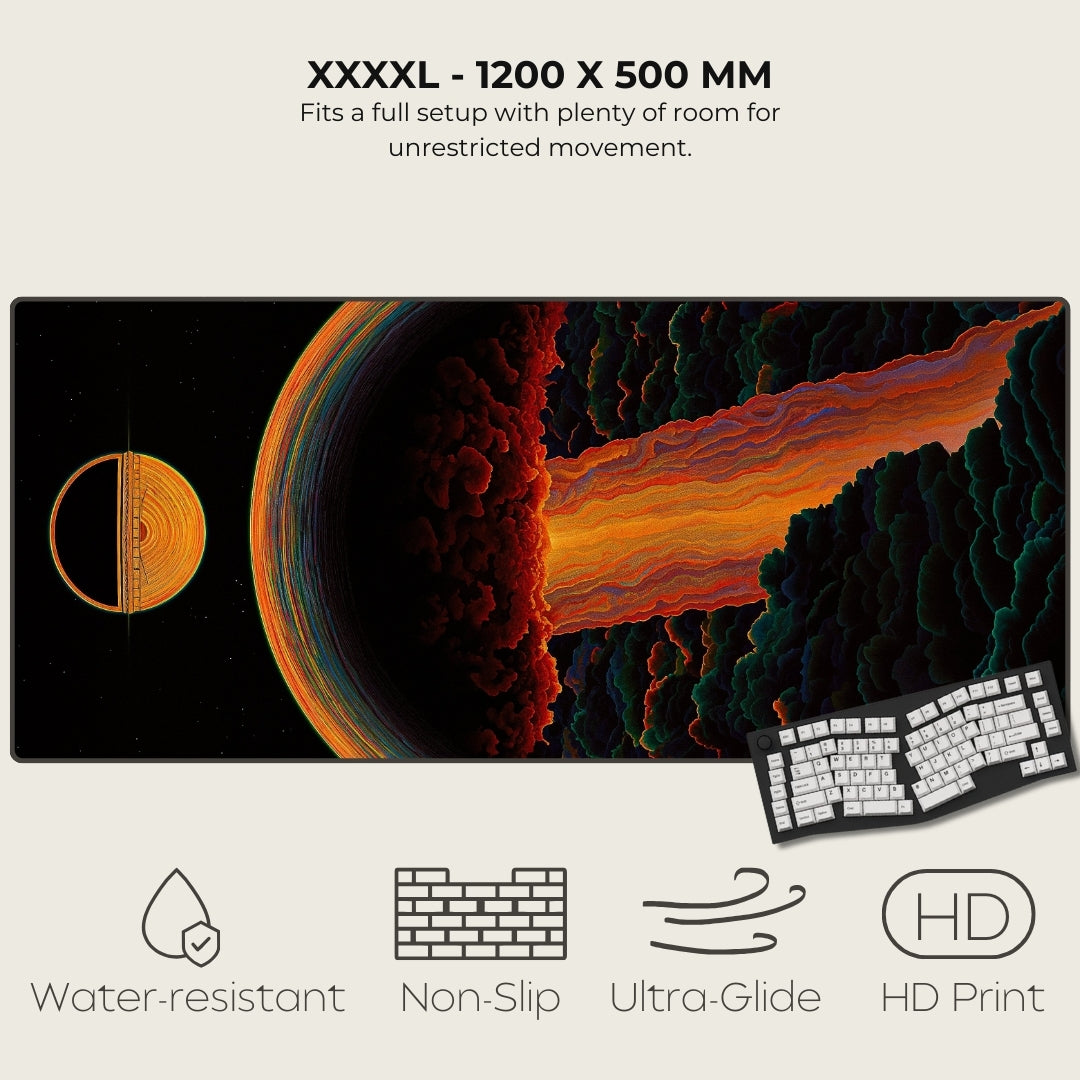 Large desk mat with space-themed design and keyboard, featuring text and icons about product features.