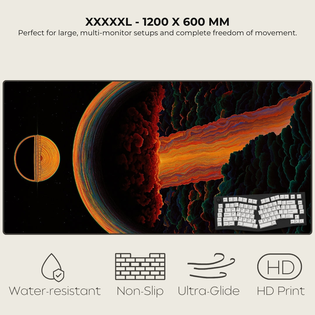 Large desk mat with space-themed design, featuring water-resistant, non-slip, ultra-glide, and HD print properties.