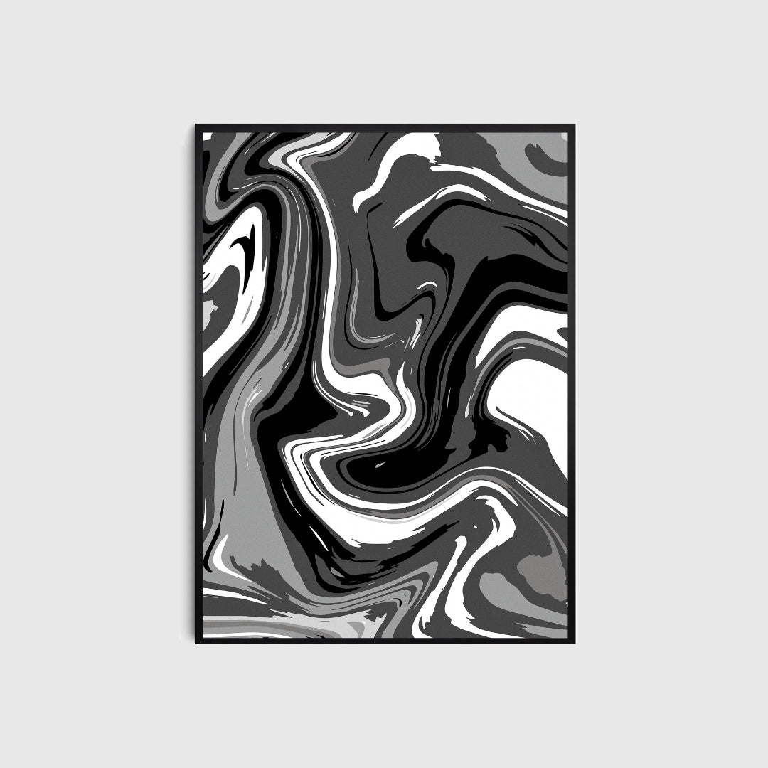 Abstract black and white swirl design on a gray background