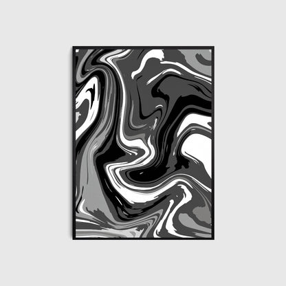 Abstract black and white swirl design on a gray background