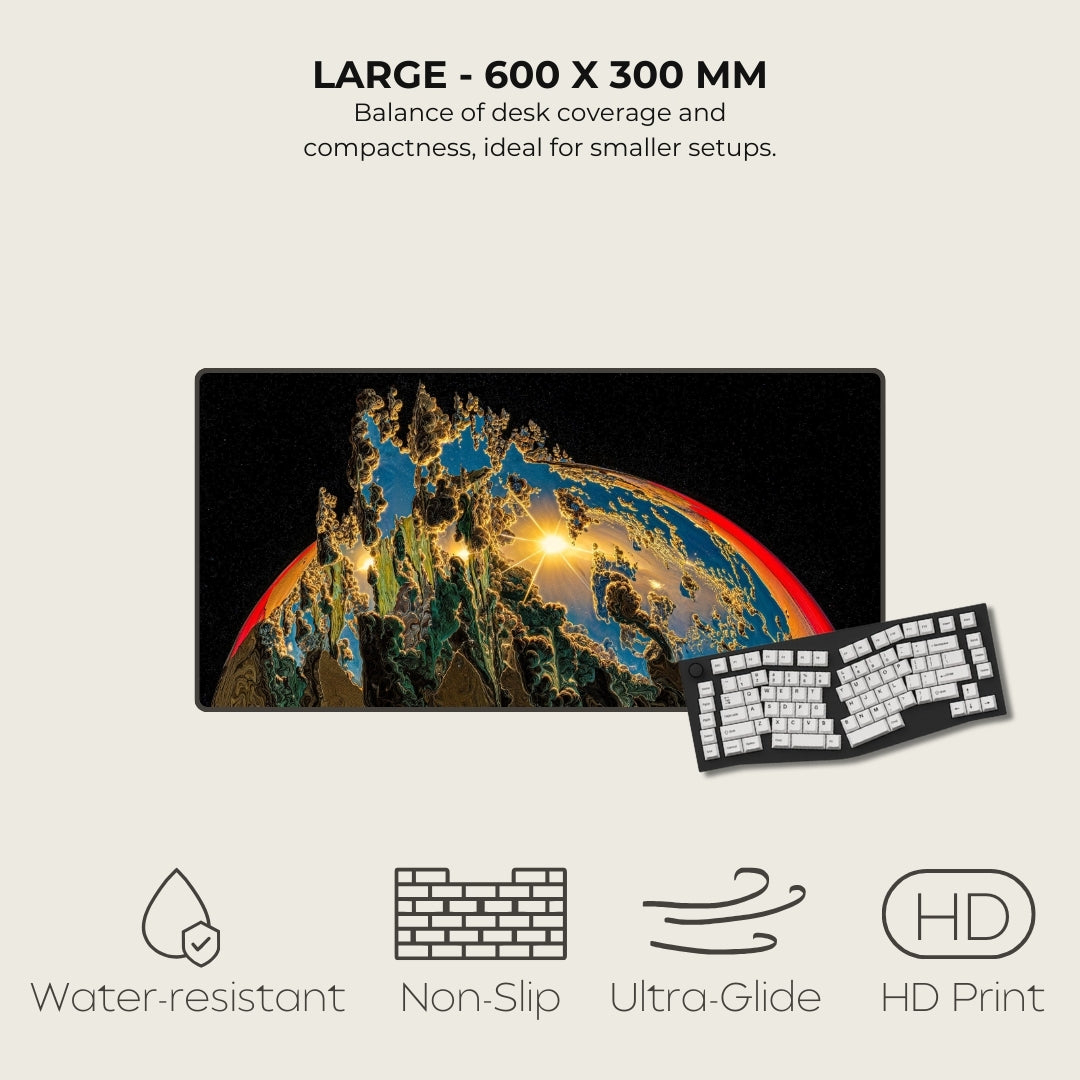 Large desk mat with a colorful design next to a keyboard, featuring text and icons about product features.