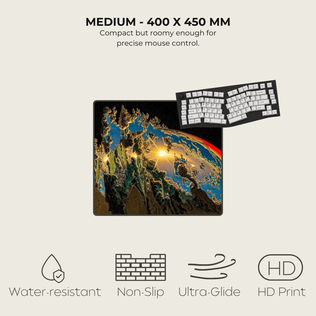 Mouse pad with keyboard inset, featuring a scenic design, on a light gray background.