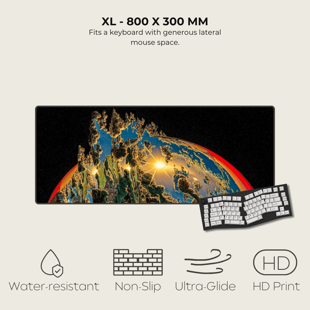 Large mouse pad with a colorful design, keyboard, and text about dimensions and features on a light gray background.