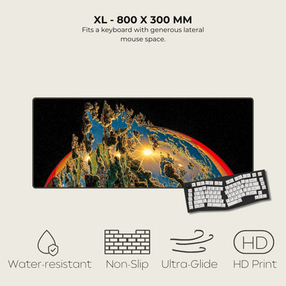 Large mouse pad with a colorful design, keyboard, and text about dimensions and features on a light gray background.