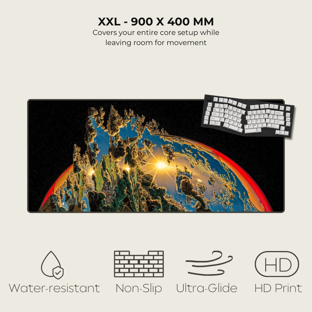 Large desk mat with Earth design and keyboard, featuring text and icons on a light gray background.