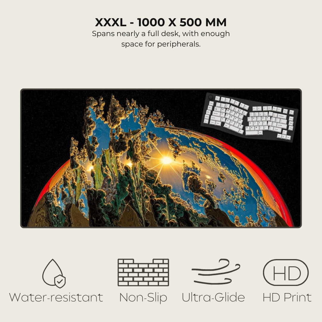 Large desk mat with Earth design and keyboard, featuring text and icons on a light gray background.