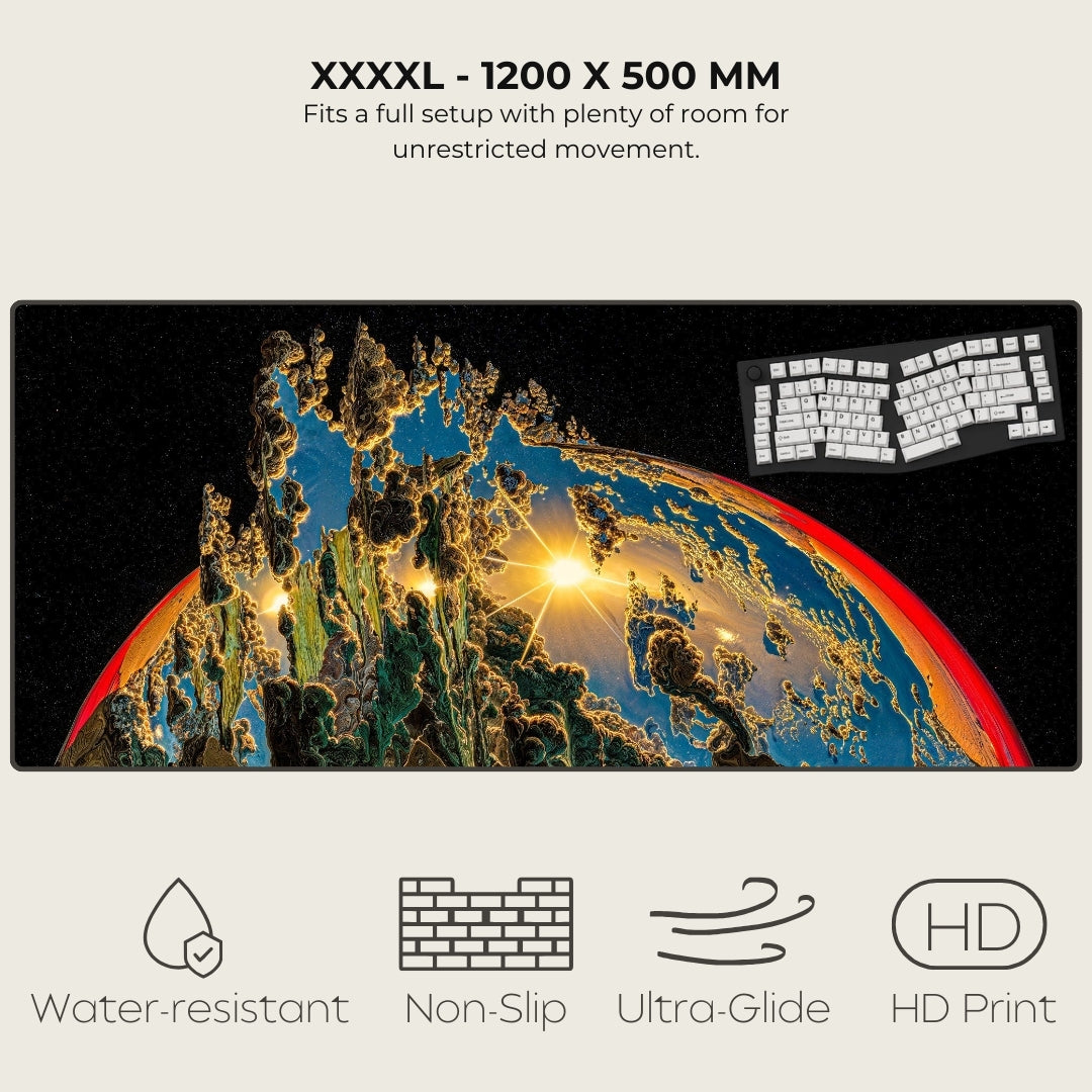 Large desk mat with Earth design and keyboard, featuring text and icons on a white background.
