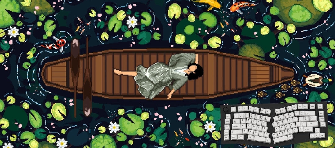 A stylized illustrated scene showing a person lying in a wooden boat on dark water filled with lily pads, with a keyboard graphic in the lower right corner.