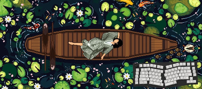 A stylized illustrated scene showing a person lying in a wooden boat on dark water filled with lily pads, with a keyboard graphic in the lower right corner.