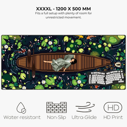 A large XXXXL size mousepad with a detailed illustrated design of a woman lying in a wooden boat on a pond with lily pads, shown on a light gray background with text and feature icons.