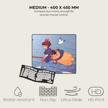 Keyboard with cartoon design on screen and product features listed below.