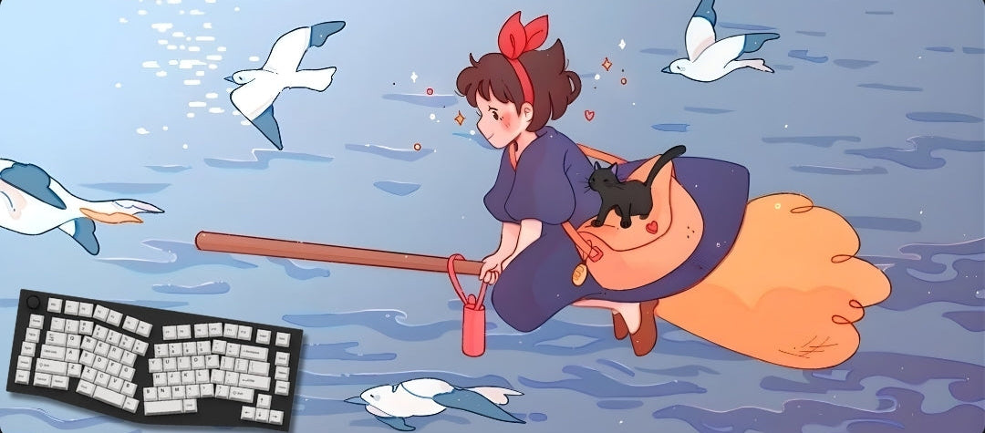 Mousepad with a Cartoon character with a broom and cat on water with seagulls, keyboard at bottom.