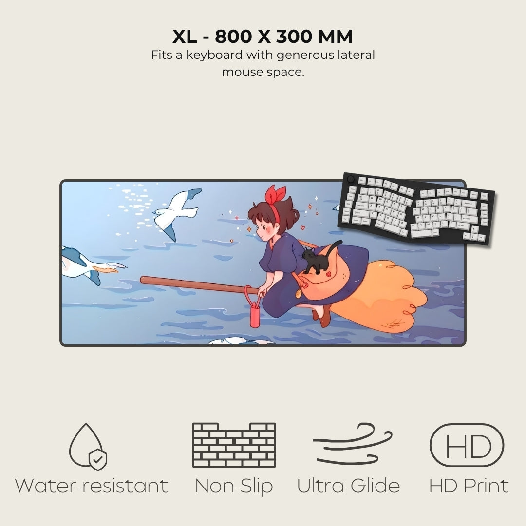 Keyboard mat with cartoon design of a girl and seagulls, featuring text and icons indicating product features.