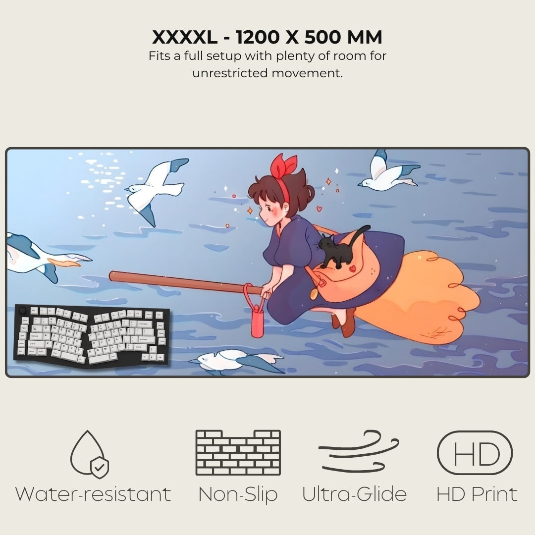 Large mouse pad with an animated character and text about size and features.