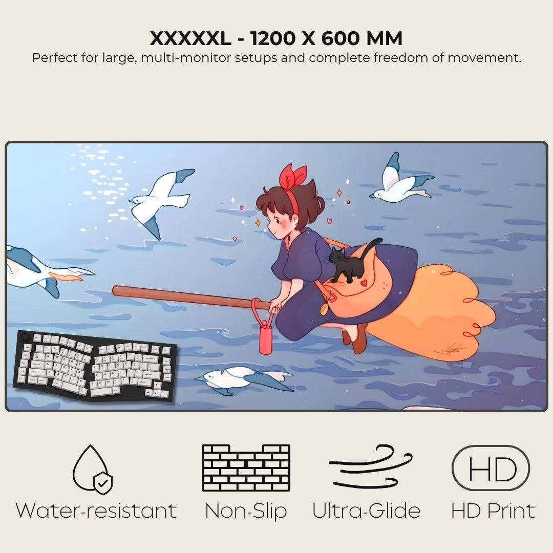 Mousepad of a character with a cat on a large screen with text about size and features.