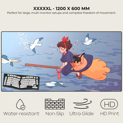 Mousepad of a character with a cat on a large screen with text about size and features.