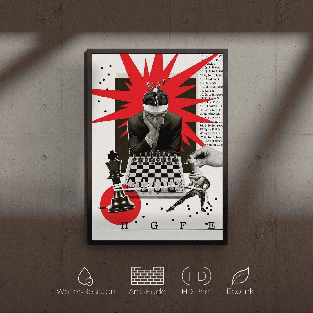 Framed artwork with a person playing chess, abstract design, and text on a gray wall.