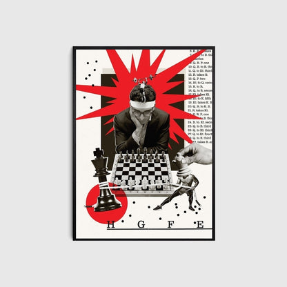 Framed artwork of a person playing chess with abstract designs and text on a white wall.