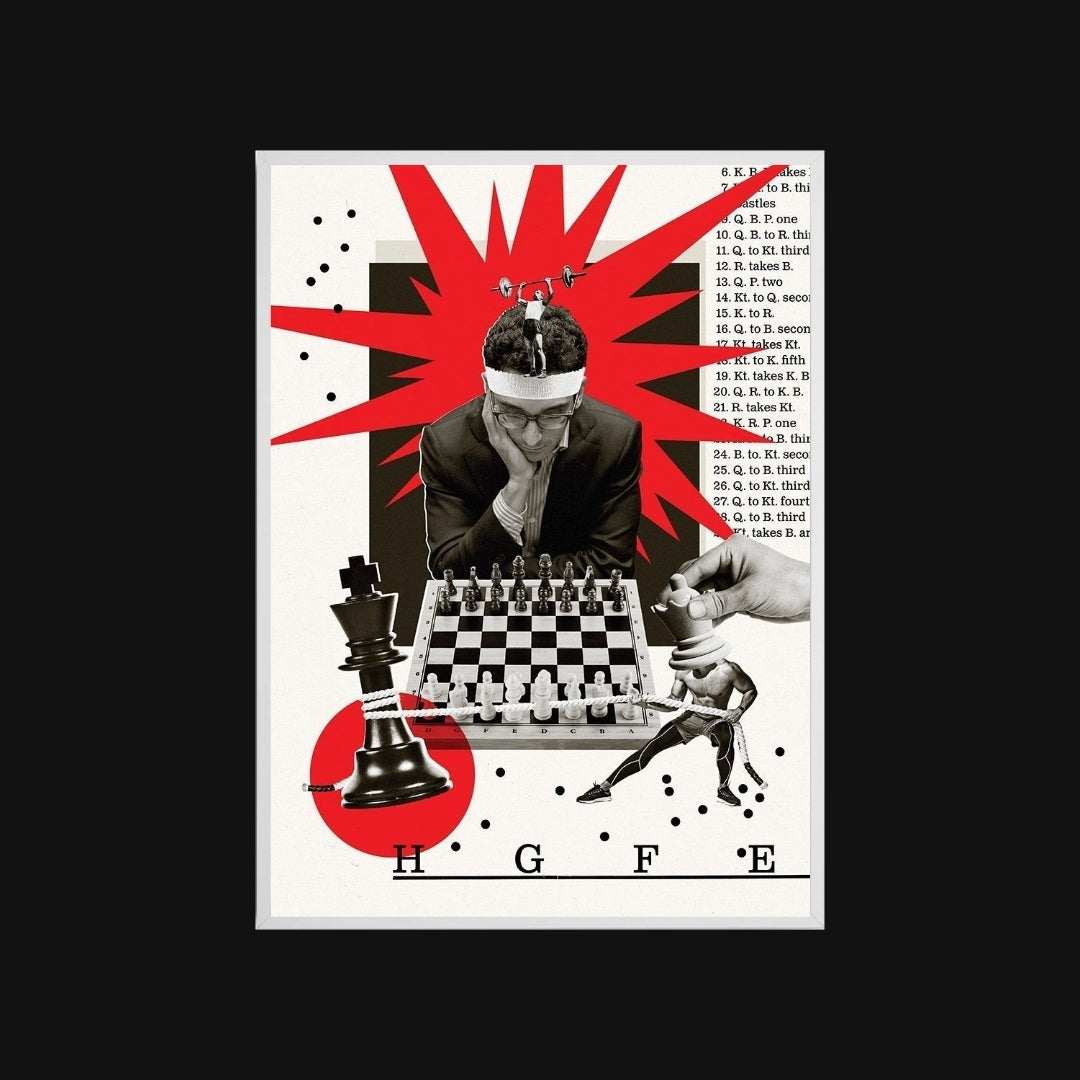 Artistic depiction of a chess game with abstract elements and text on a black background