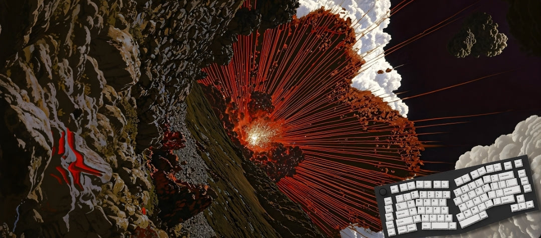 Asteroid field mousepad with a computer keyboard and mouse on a dark background