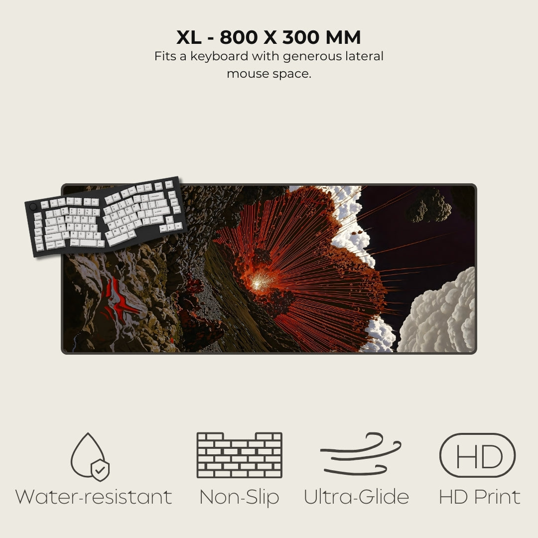 Large mouse pad with a design, keyboard on the left, and text about size and features.