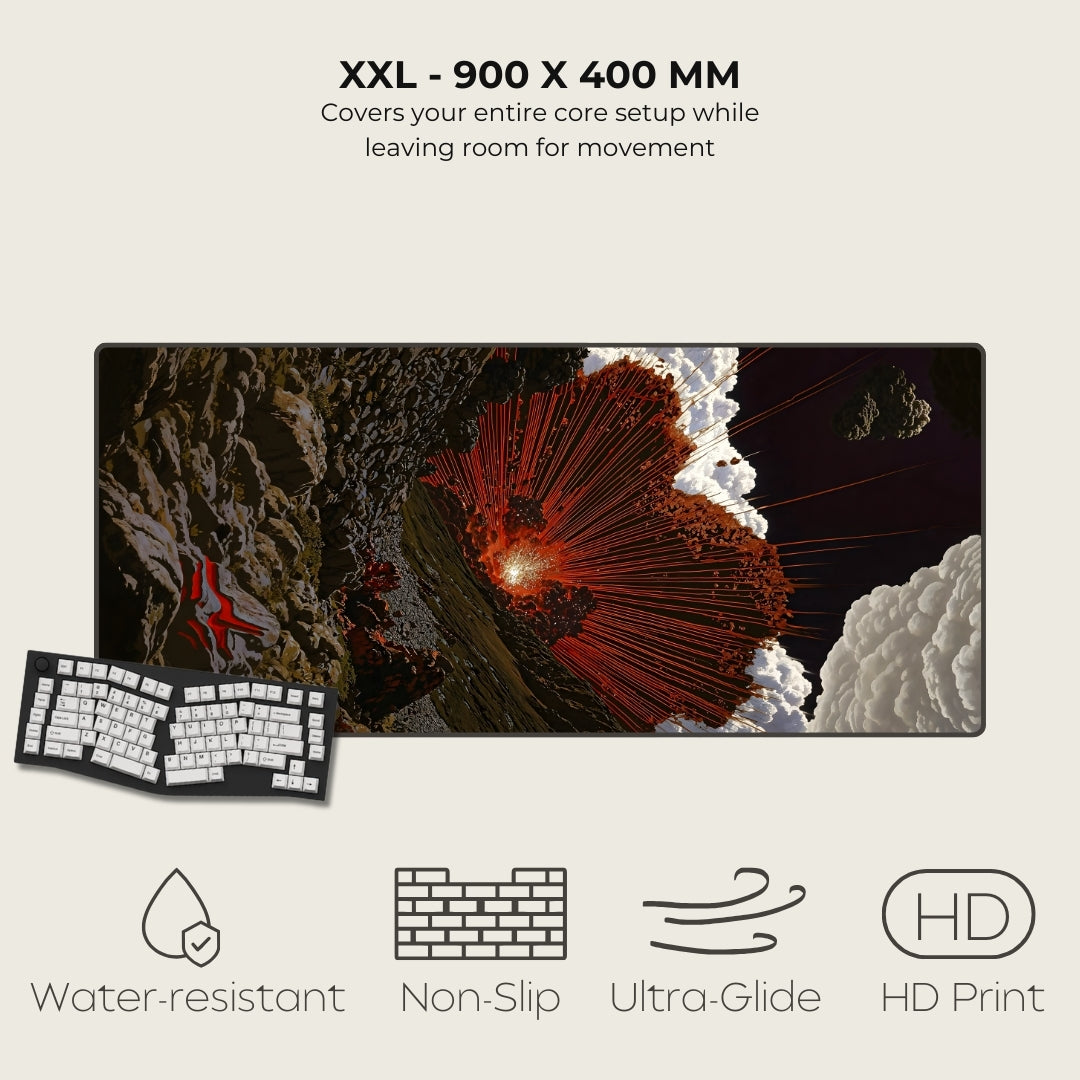 Large mouse pad with space-themed design, keyboard, and feature icons on a white background