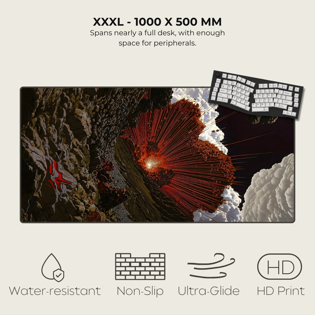 Large desk mat with nature design and keyboard, featuring text and icons on a light gray background.