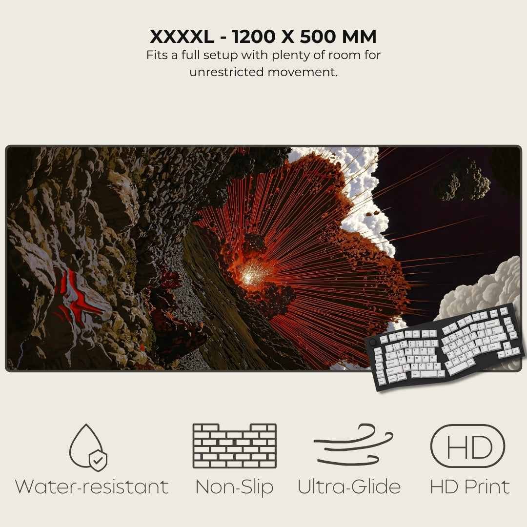 Large mouse pad with a volcano design and keyboard, featuring text and icons indicating product features.