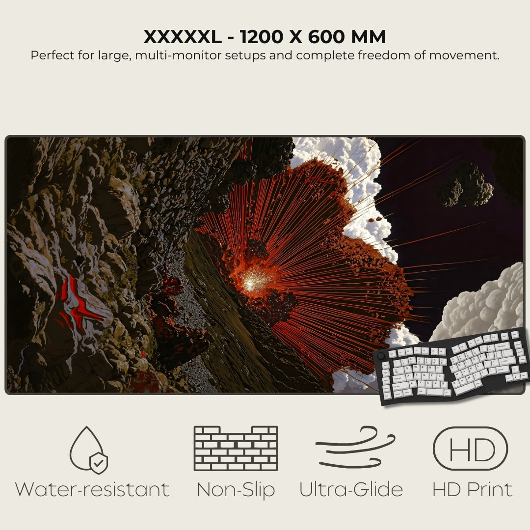 Large desk mat with a design of a volcano and keyboard, featuring text and icons about product dimensions and features.