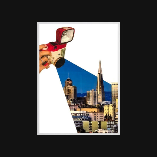 Framed poster on a black background of a collage showing a camera projecting a colourful cityscape, with icons for water-resistant, anti-fade, HD print, and eco-ink features.