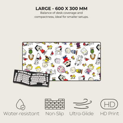 Mousepad with cartoon character design on a white background, featuring text and icons indicating product features.