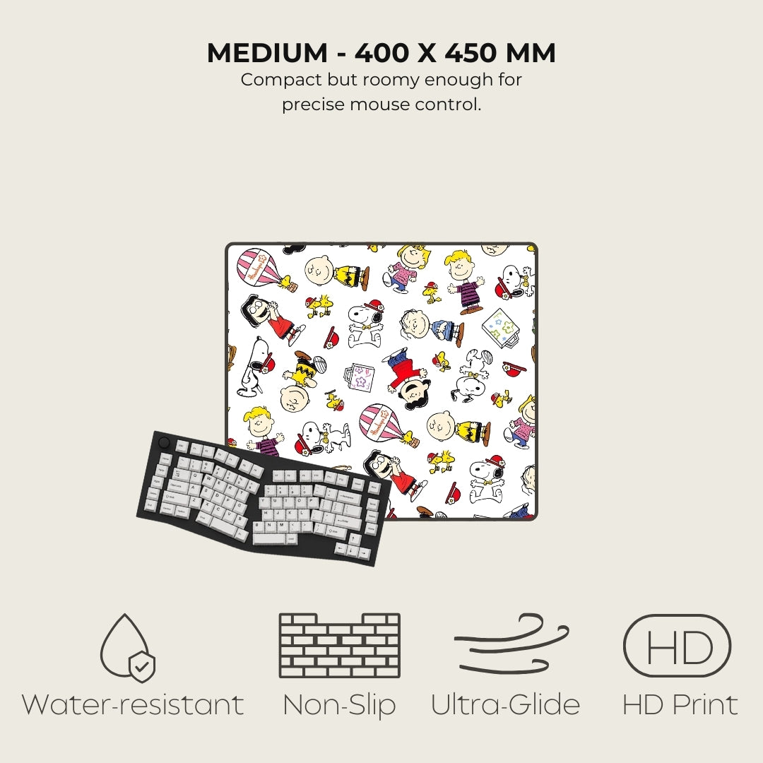 Mousepad with a colorful cartoon design on a white background, featuring text and icons indicating product features.