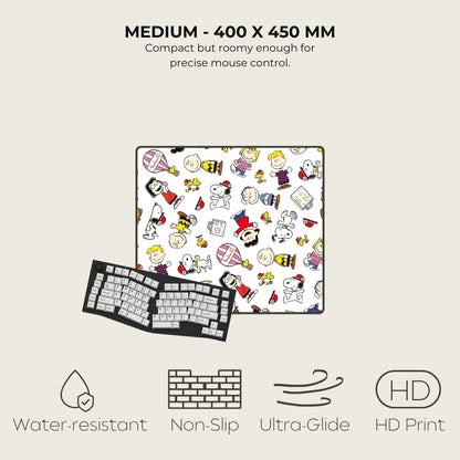 Mousepad with a colorful cartoon design on a white background, featuring text and icons indicating product features.