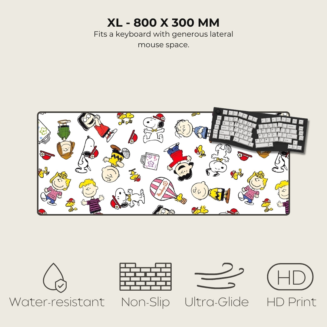 Large mouse pad with cartoon characters and a keyboard on a beige background