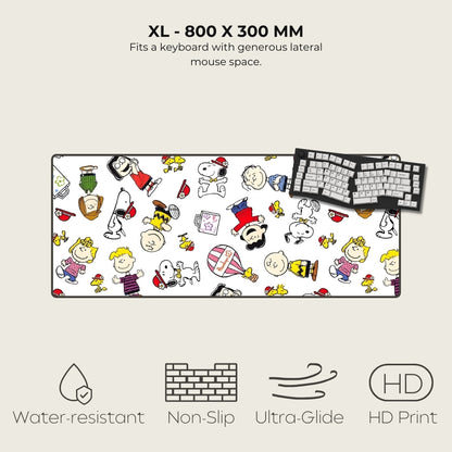 Large mouse pad with cartoon characters and a keyboard on a beige background