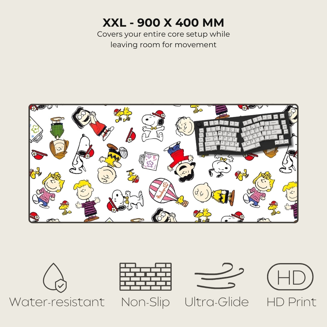 Long desk mat with cartoon characters and product features on a white background