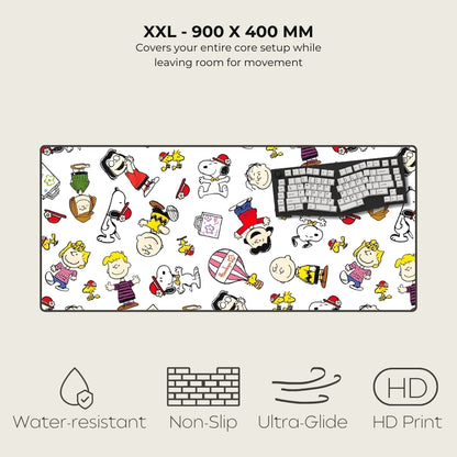 Long desk mat with cartoon characters and product features on a white background