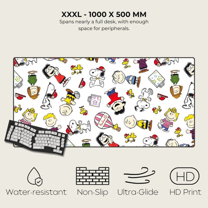 Large desk mat with cartoon characters and product features listed.