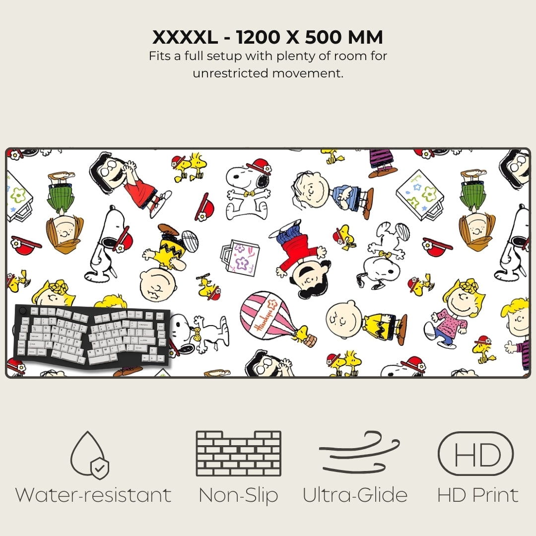 Wide mouse pad with cartoon characters and product features on a white background