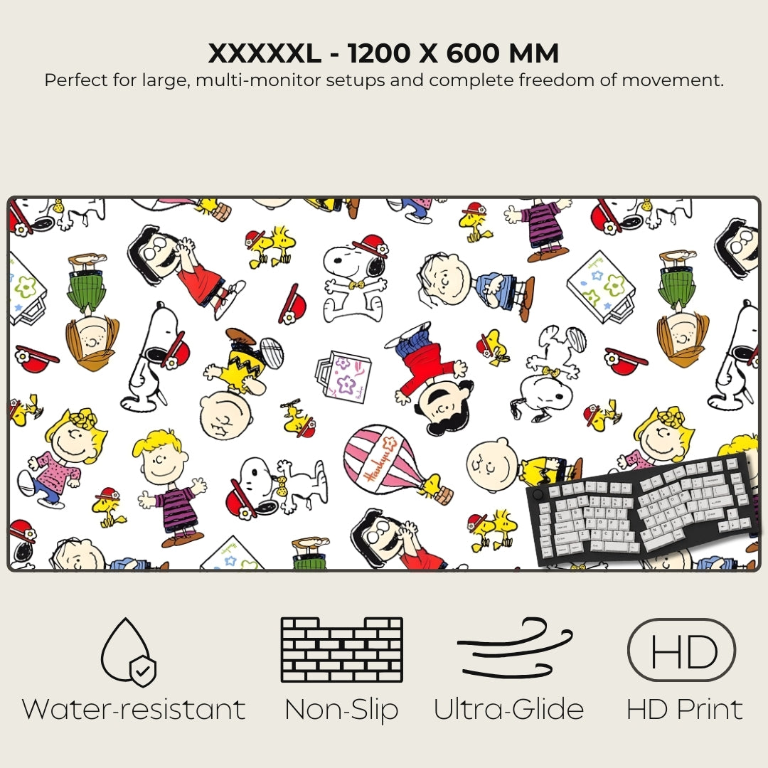 Large cartoon-themed mouse pad with various characters and product features listed.
