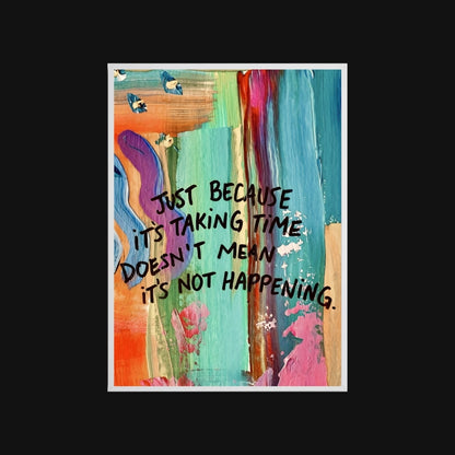 Colorful abstract painting with motivational quote on a black background