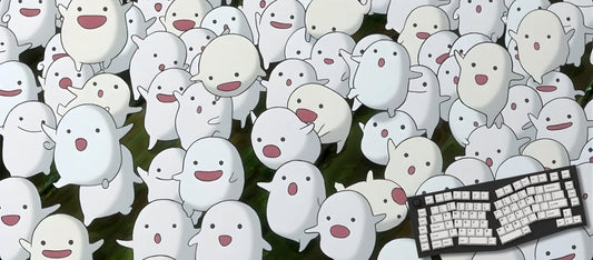 Illustration of a keyboard among small white characters with red mouths on a black background