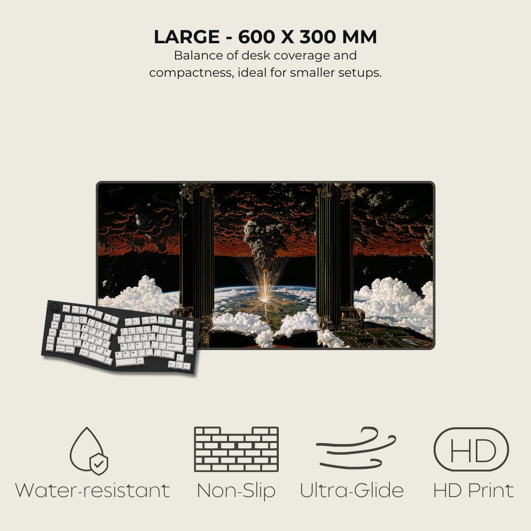 Mousepad with space-themed design on a white background, featuring size 600 x 300 mm and product features.