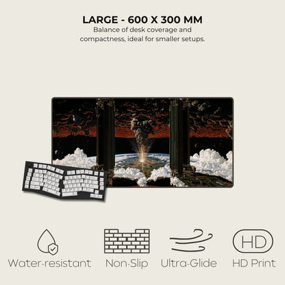 Mousepad with space-themed design on a white background, featuring size 600 x 300 mm and product features.