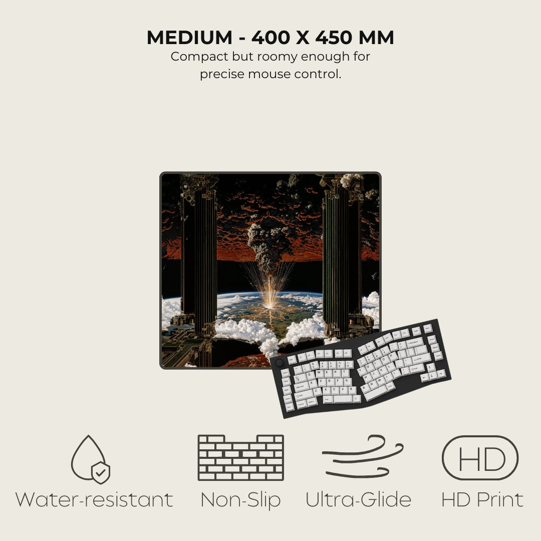 Mouse mat with space-themed design and keyboard on a light gray background