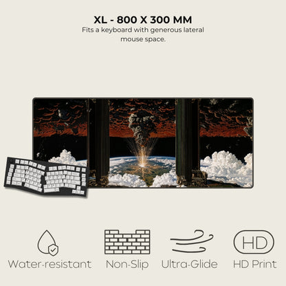 Large desk mat with artistic design featuring a keyboard on a light gray background.